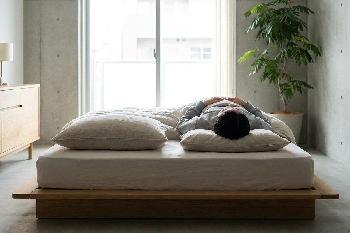 Two pillows side by side on a bed seen from the side, one fluffed and tall, the other compressed flat under the weight of a resting head
