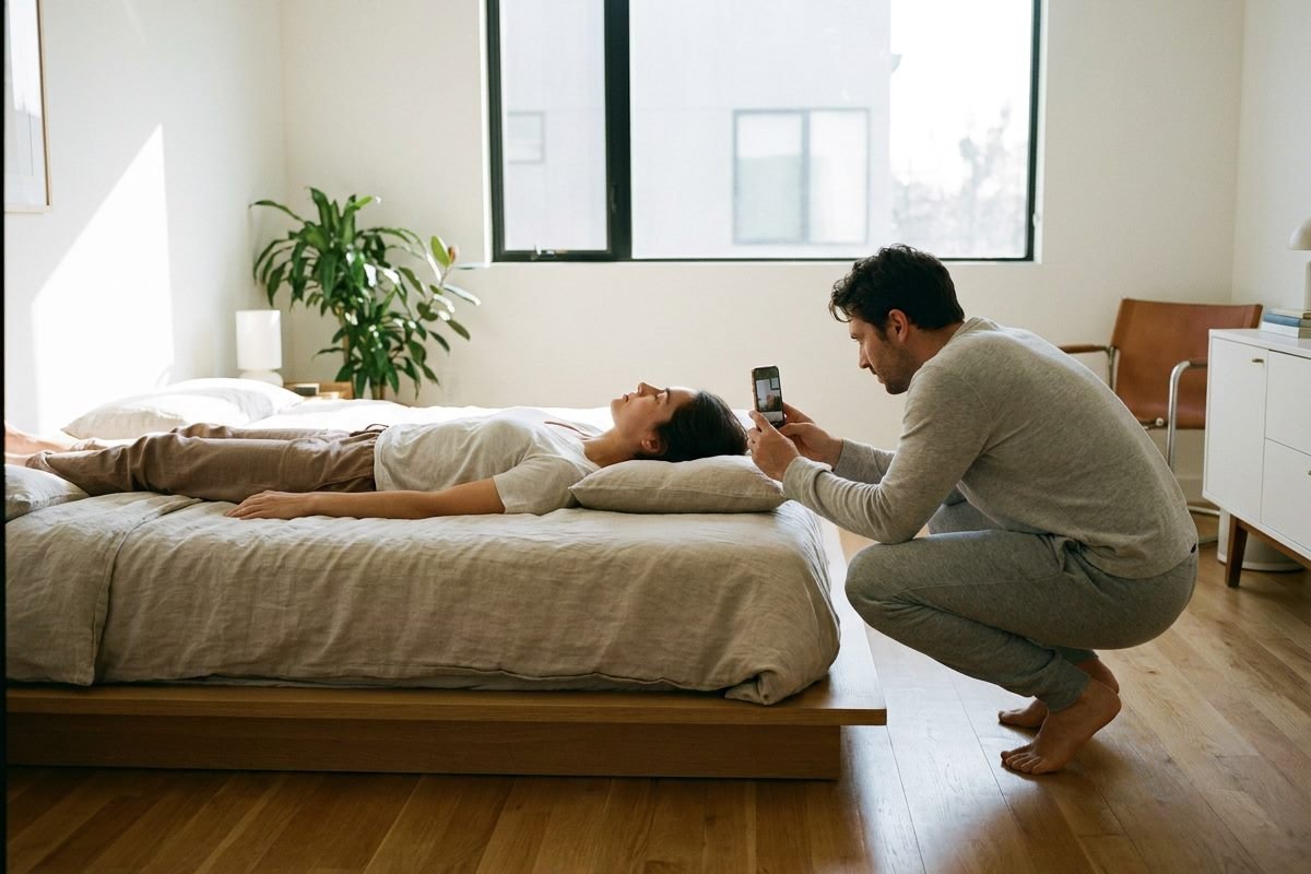 Partner standing beside a bed holding a smartphone at mattress level to photograph a person lying on their back, showing the side profile of head, neck and pillow