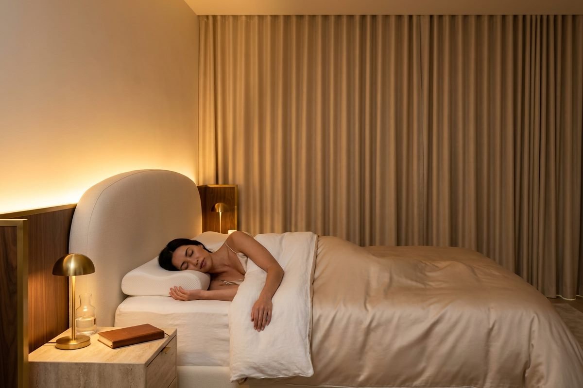 Woman asleep on her side on a contoured memory foam pillow in a softly lit luxury bedroom at night, curtains closed