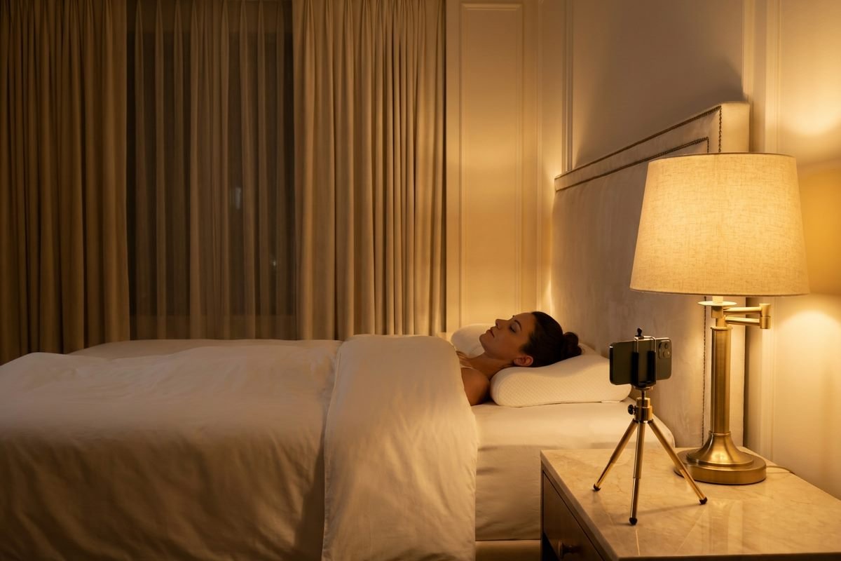 Smartphone on a small tripod on a nightstand recording a woman asleep on her back on a contoured pillow, lamp light at night