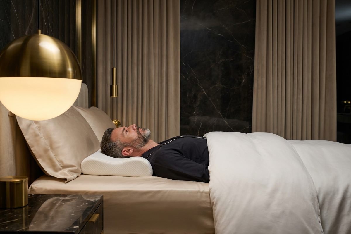 Man lying on his back on a contoured memory foam pillow at night, head in the lower center and neck on the raised edge, chin level