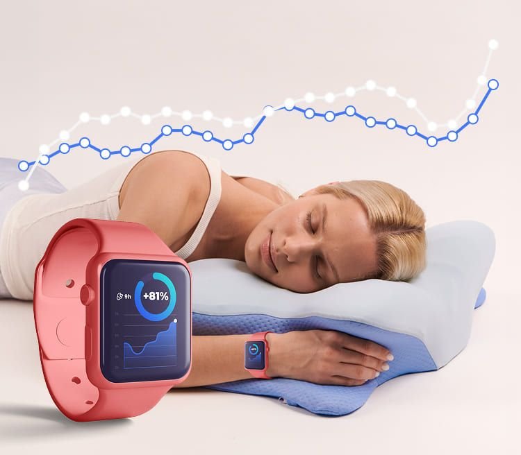 Woman sleeping with a sleep-tracking watch showing improvement