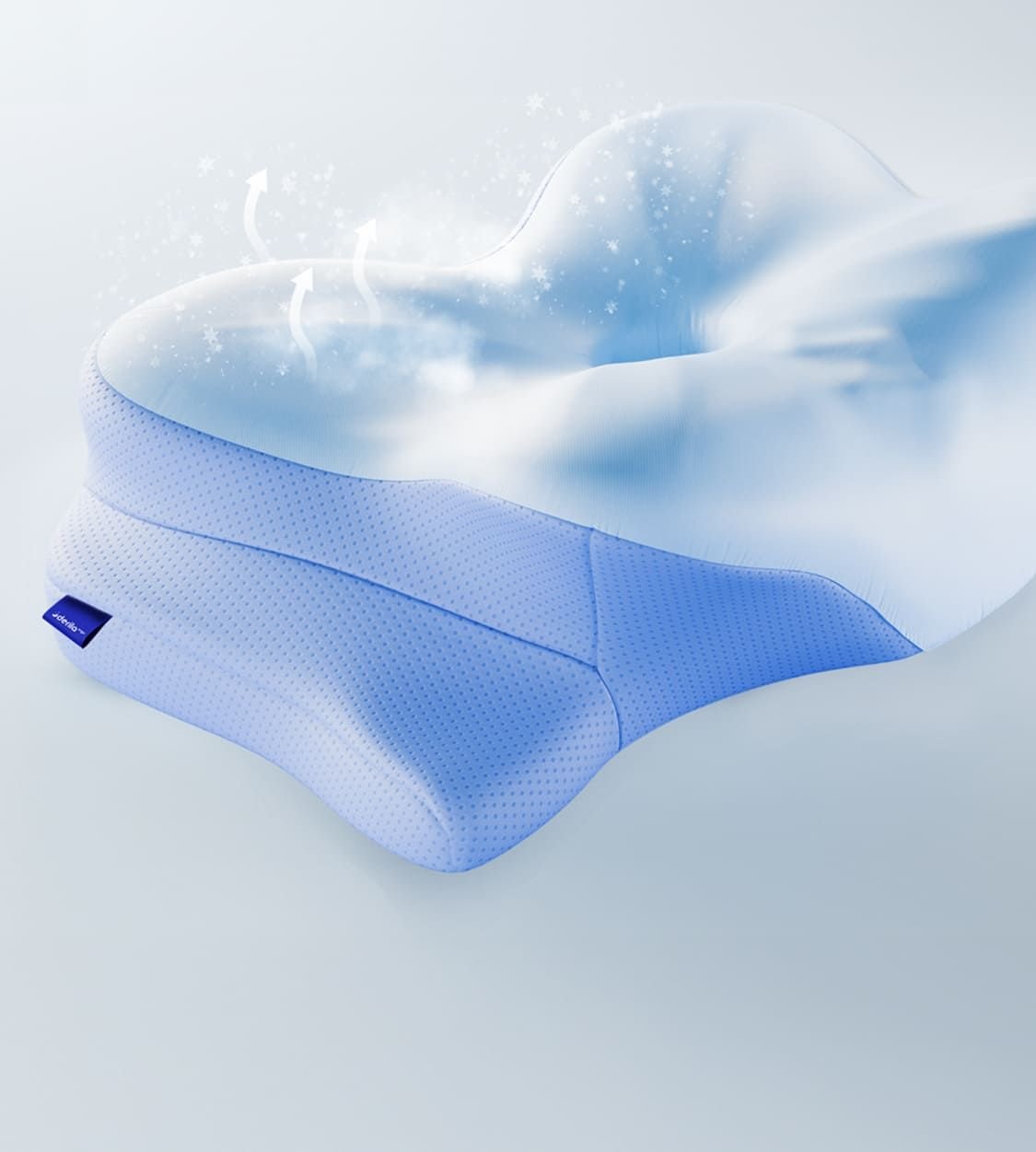Ventilated memory foam pillow with cool air flowing away from the surface