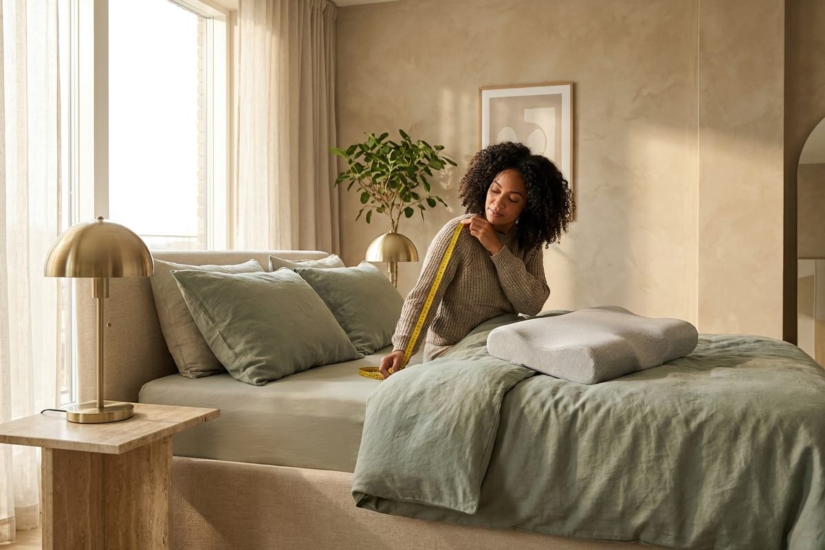 Wide view of a person lying on their side on a contoured pillow, a tape measure held from the ear to the point of the shoulder to check pillow height