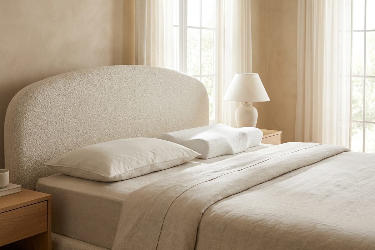 Two pillows side by side on a neatly made bed in a sunlit bedroom: a flat conventional pillow and a contoured ergonomic pillow with a raised neck ridge