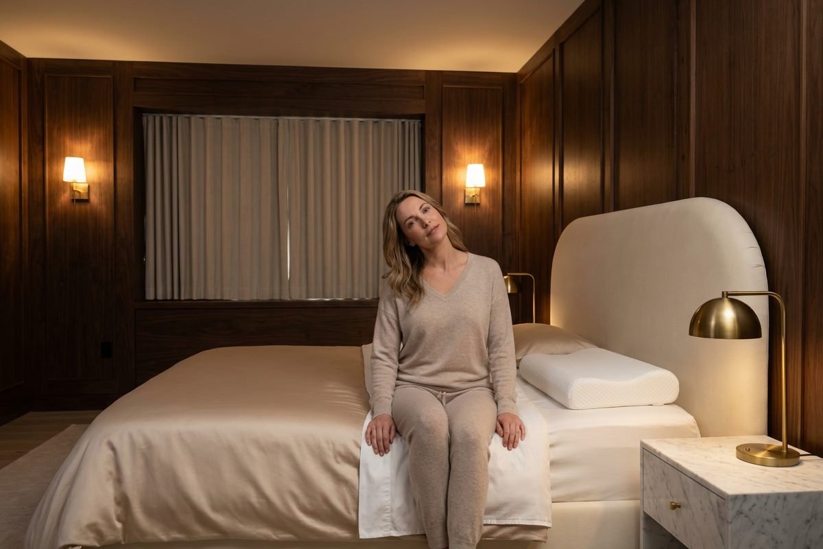 Woman sitting on the edge of a bed in a warmly lit bedroom, tilting her head toward one shoulder to check how far her neck moves