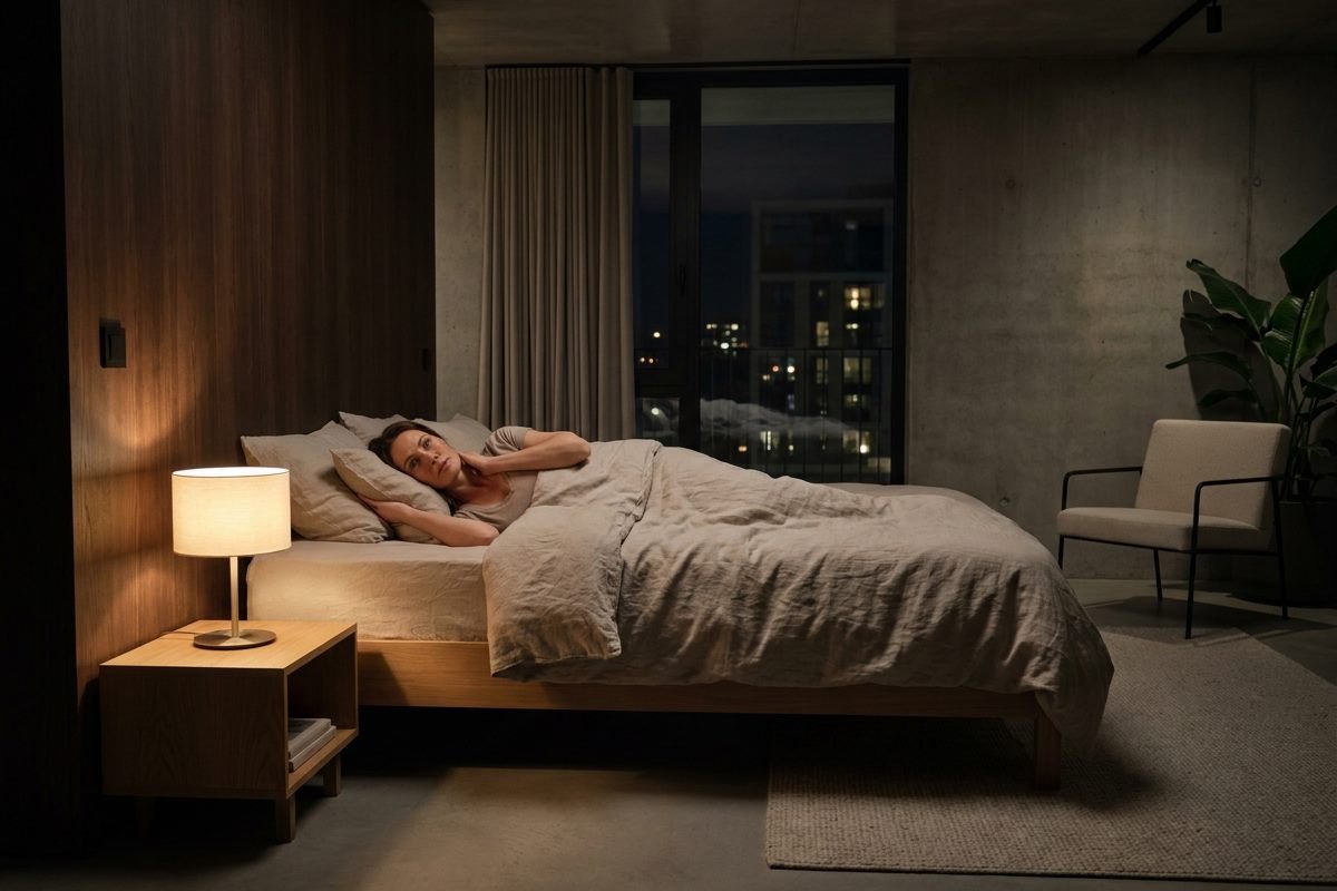 Woman lying on her back at night with one hand resting on the side of her neck