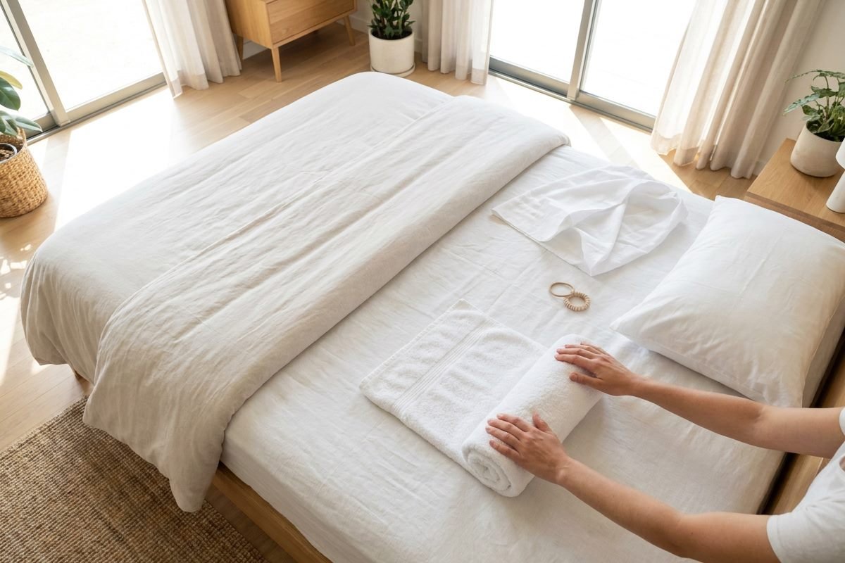 Hands rolling a white hand towel into a tight cylinder on a bed, with a pillow and pillowcase lying open beside it
