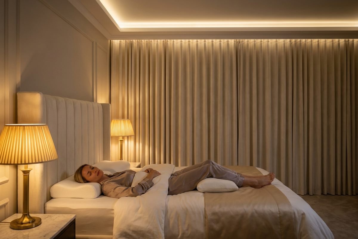 Woman asleep on her back at night on a contoured memory foam pillow with a small pillow under her knees, in a lamp-lit luxury bedroom with the curtains closed