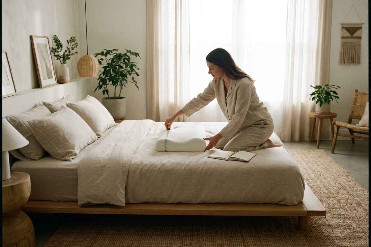 Wide view of a calm modern bedroom where a woman uses a tape measure against a contoured memory foam pillow on the bed, a notebook open beside her