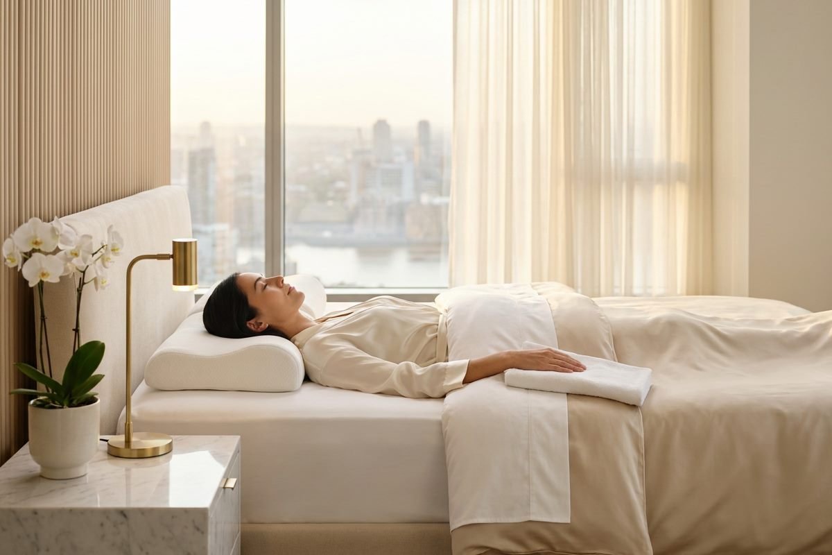 Woman lying on her back in a bright bedroom with a low pillow under her head and a folded towel supporting her upper arm