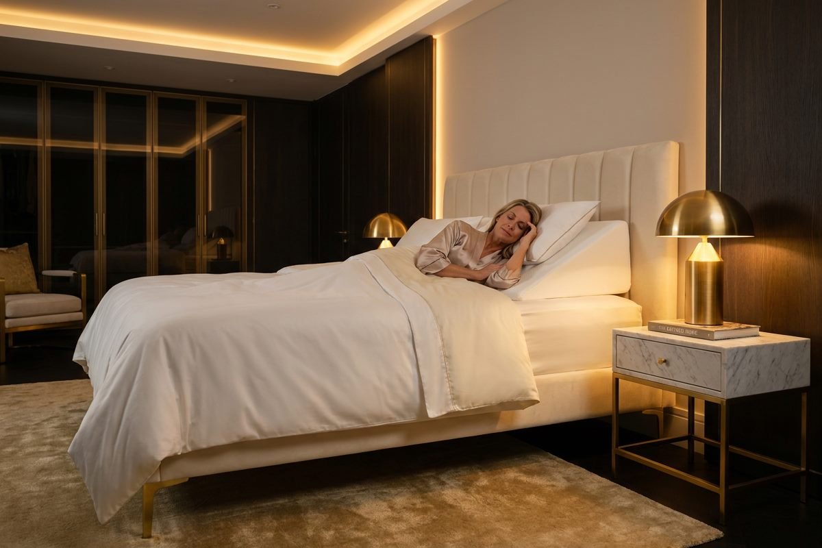 Woman resting semi-reclined on a foam wedge pillow in bed, a low pillow under her head and her arm supported on a cushion beside her